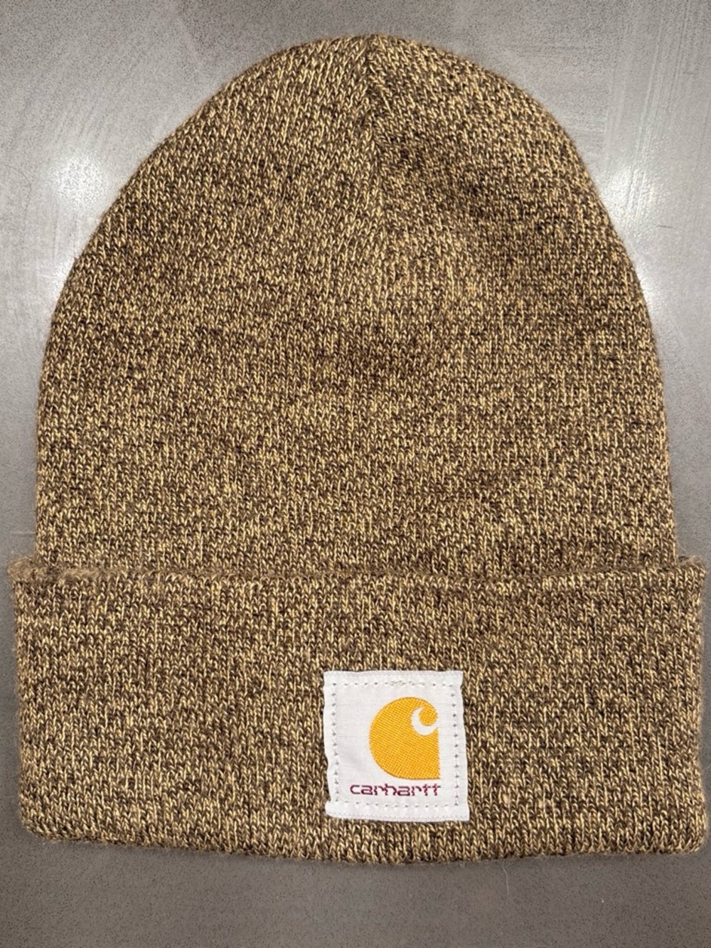 Carhartt Marled Brown Cuffed Beanie with Yellow Logo